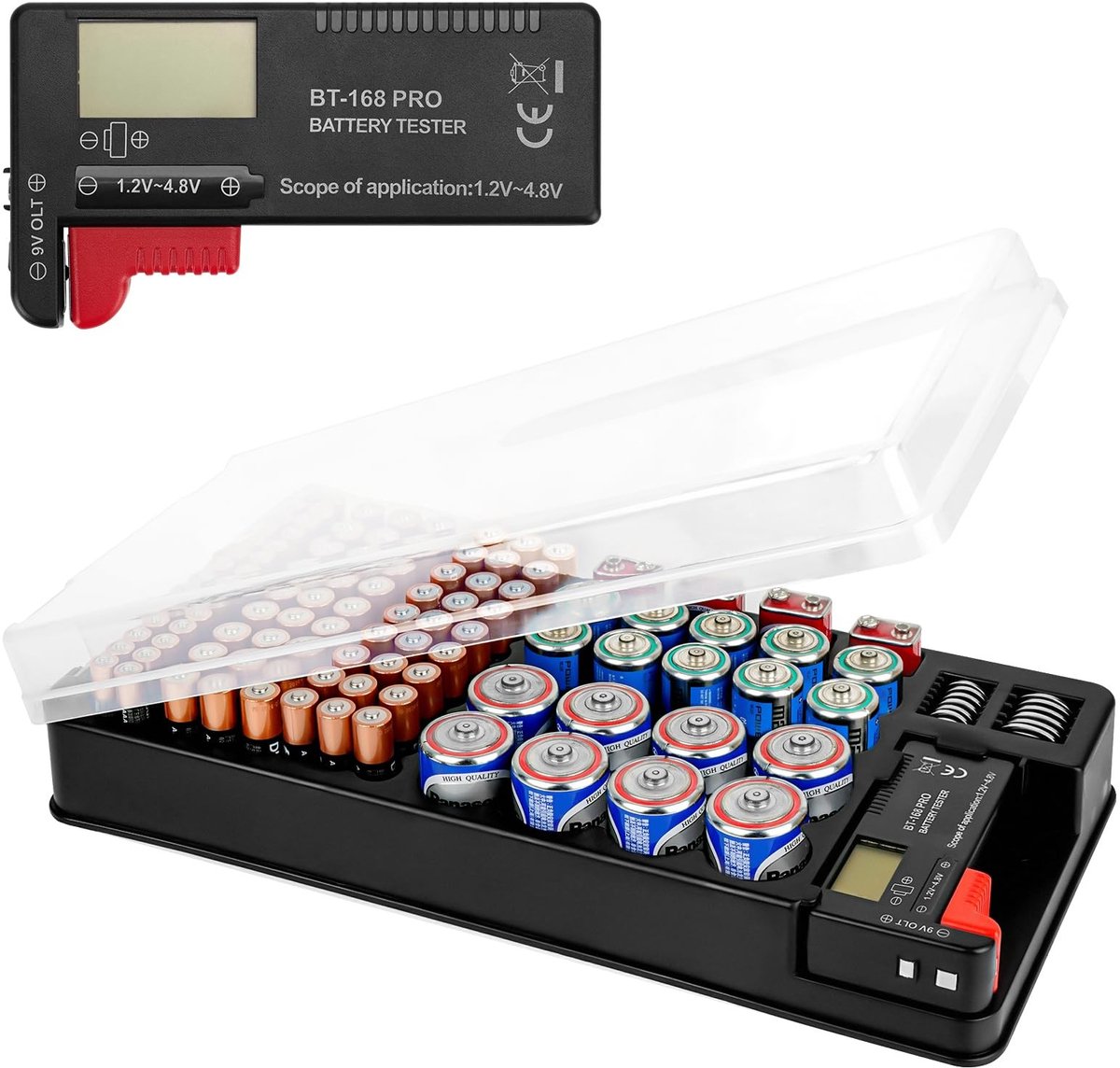 Dailygoods - Dailygoody - Opbergkoffer batterijorganizer - Batterijbox met tester - Zwart - Geschikt voor AA 9V C D knoopbatterij - Handig voor thuisgebruik - ...