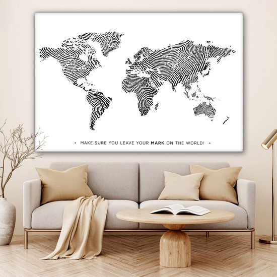 Wereldkaart en toile - Citation - Empreinte digitale - 180x120 cm - Décoration murale