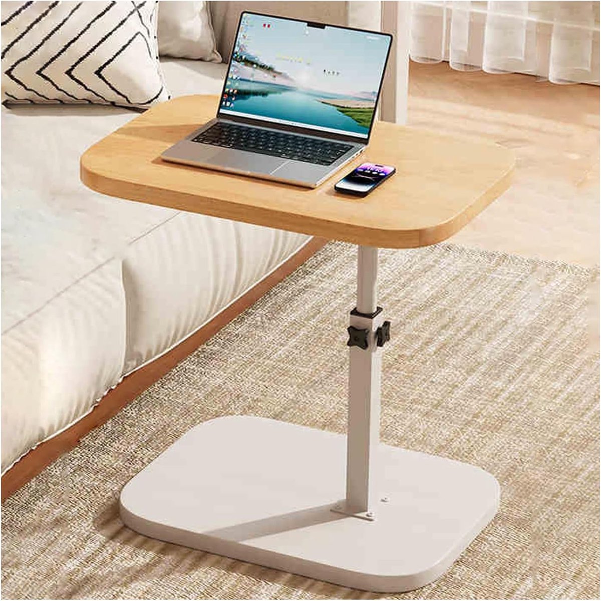 OKWISH Verstelbare Bijzettafel - C-vormige Tafel met 360° Rotatie - Compacte Hoogte Verstelling van 40cm tot 80cm - Tafel voor Sofa of Bed - Hout - Natuurlijke houtkleur