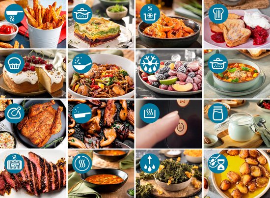 Collage van 16 verschillende gerechten bereid in de Philips Airfryer.