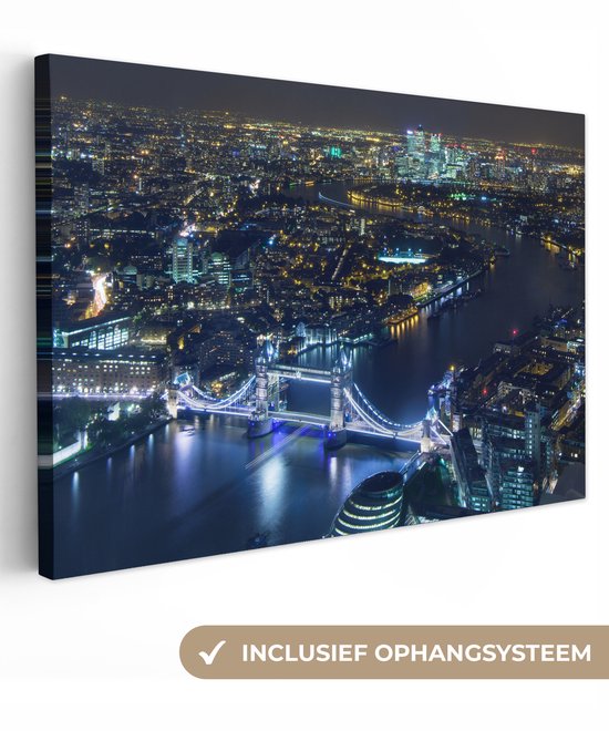 Canvas schilderij 150x100 cm - Wanddecoratie Luchtfoto van Londen met centraal de Tower Bridge in de nacht - Muurdecoratie woonkamer - Slaapkamer decoratie - Kamer accessoires - Schilderijen op canvas