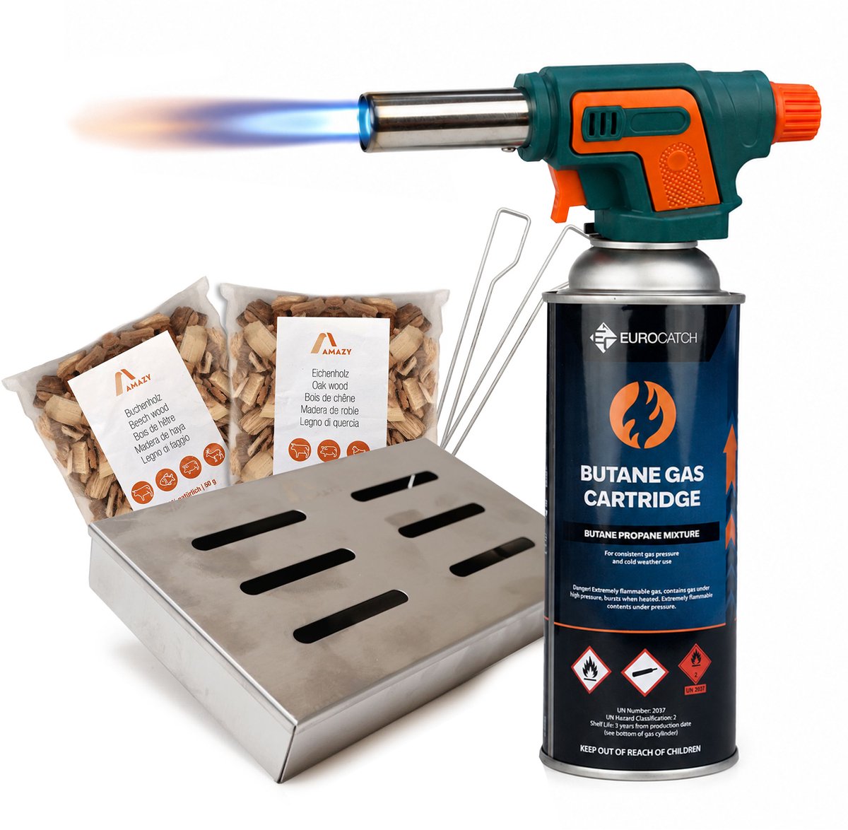Eurocatch BBQ Starterset – RVS Rookbox + Gasbrander 1300°C incl. Houtsnippers & Gascartridge
