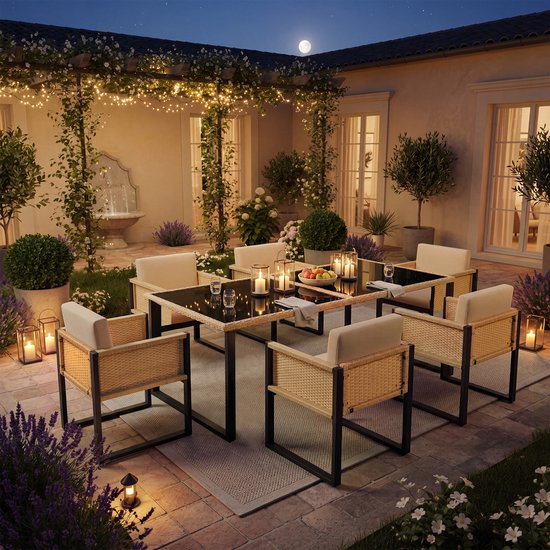 Een tuin eethoek met zes beige stoelen met rotan zijkanten en een zwart glazen tafel bij maanlicht.