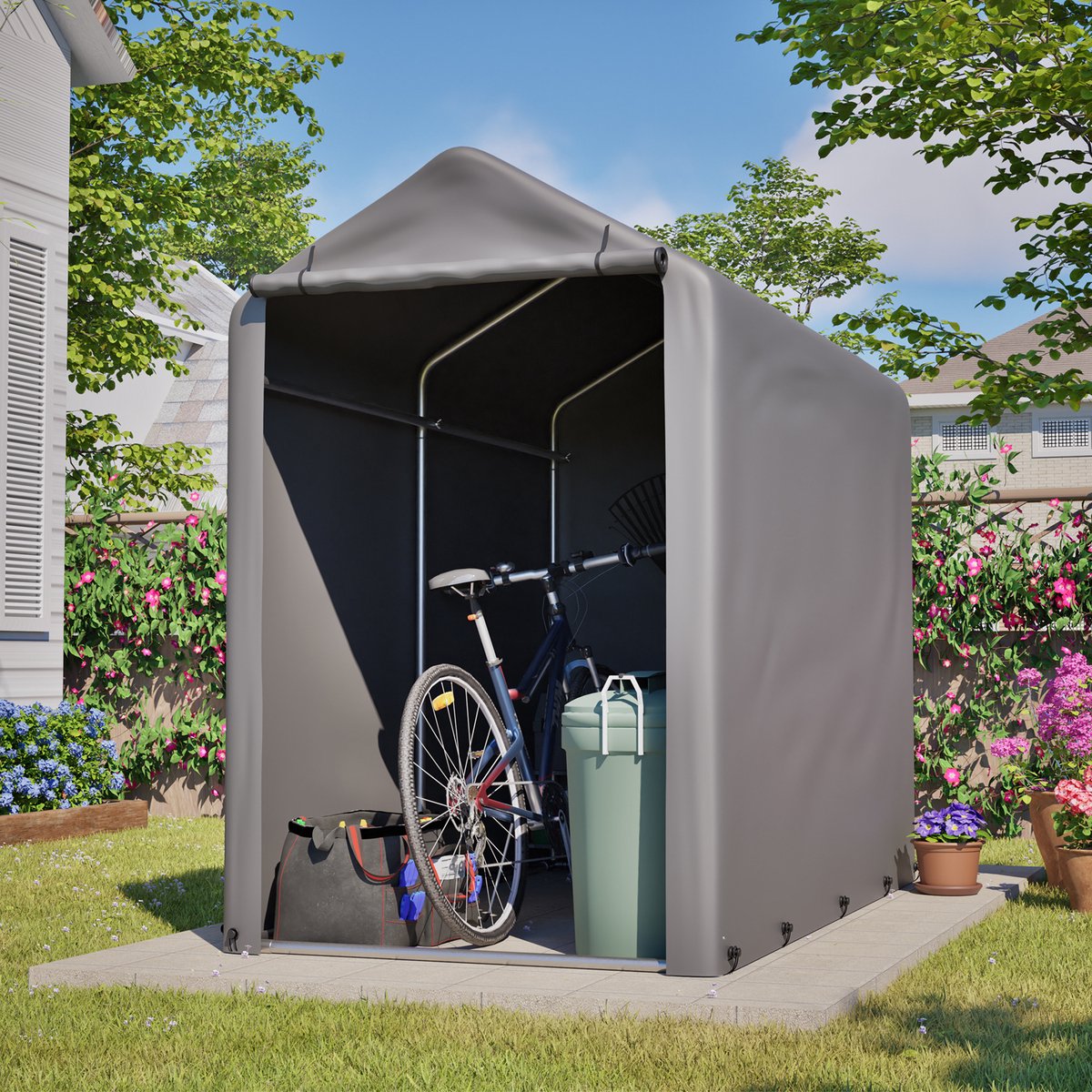 Re-purelife® Fietsgarage 100×187×160 cm - waterdichte, weerbestendige opbergtent met verzinkt stalen frame, donkergrijs, voor fietsen, tuin gereedschap en accessoires, balkon, terras en tuin
