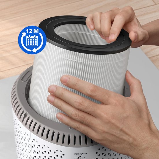 Mains remplaçant le filtre HEPA dans un purificateur d'air, avec une icône de calendrier indiquant 12 mois.