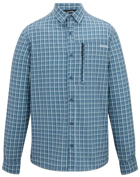 Blauw geruit overhemd met lange mouwen en een borstzak met rits.