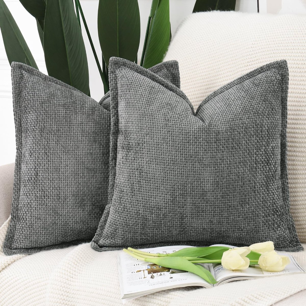 Dailygoody - Kussenslopen - Zacht Chenille Fluwelen Franje - 50x50 cm - Donker Grijs - Decoratief Kussen - Geschikt voor Woonkamer en Slaapkamer