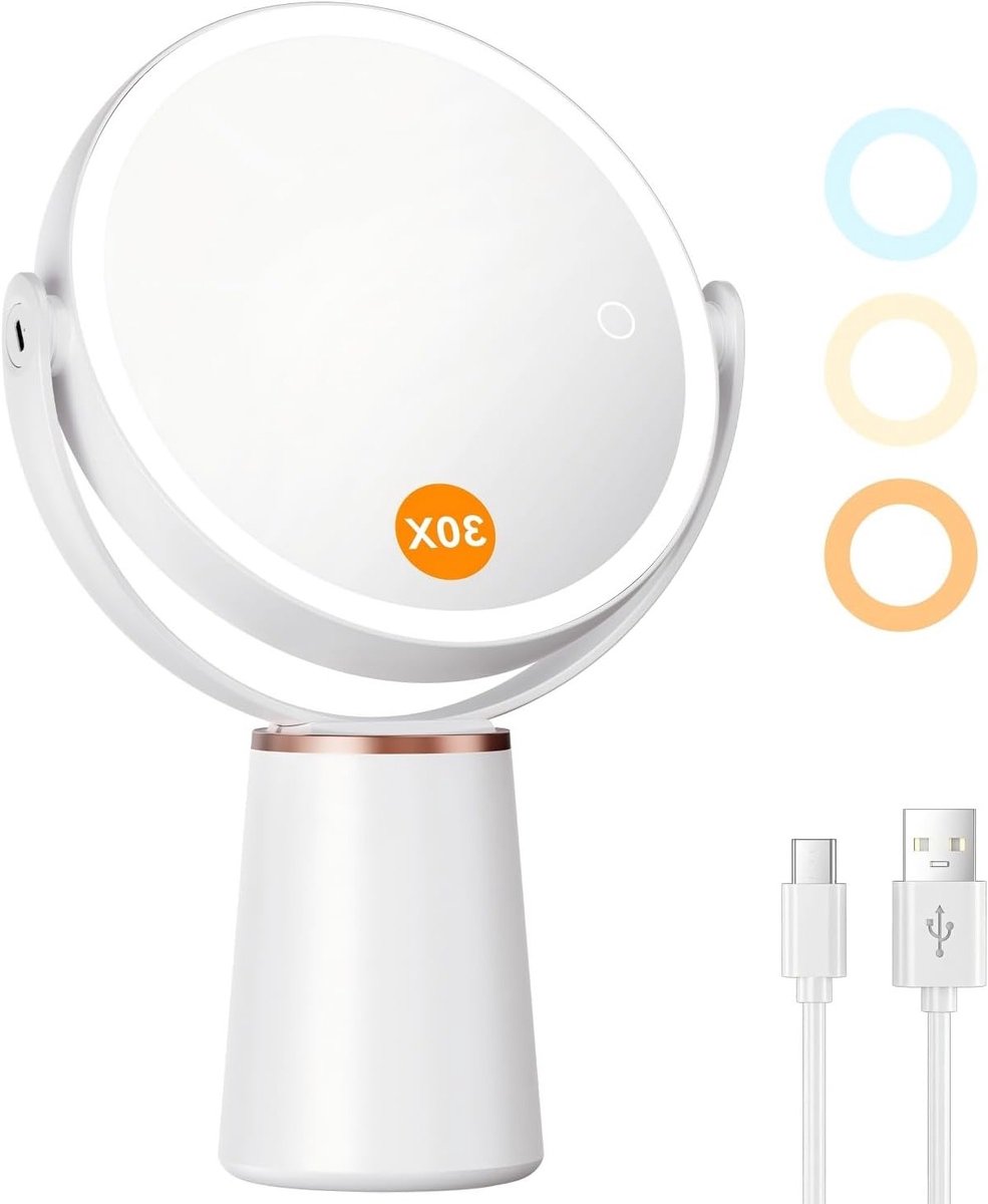 Verlichte Make-up Spiegel met LED Verlichting, 1X/30X Vergrotende Tafel Spiegel en 360° Rotatie voor Perfecte Reflectie