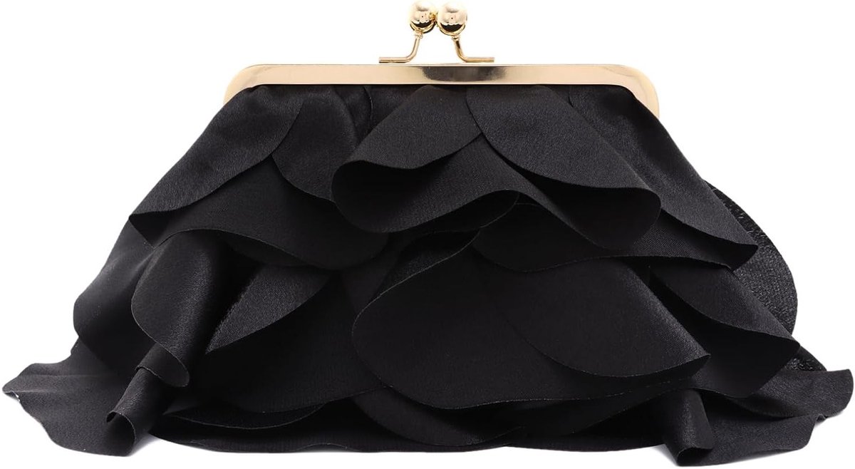 Elegante Zwarte Satijnen Clutch met Bloemen voor Avondfeest, Bruiloft en Formele Gelegenheden