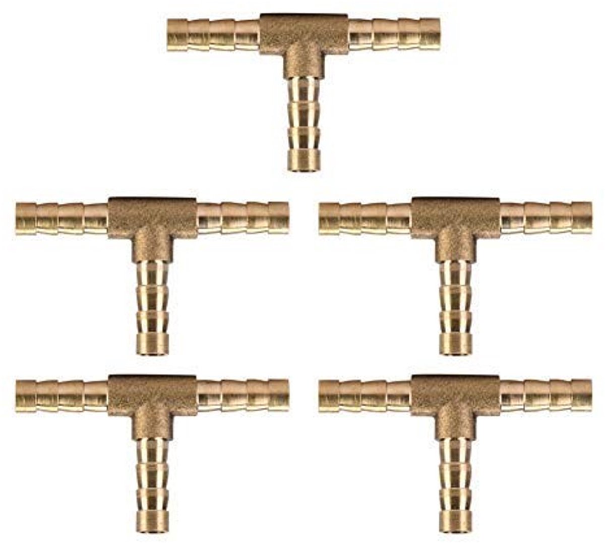 Dailygoods - Dailygoody - Messing T-Connector Set - 5-delig - Voor Slangen - 6mm voor Water, Lucht, Olie en Gas - Geschikt voor Diverse Toepassingen - Betrouwbaar