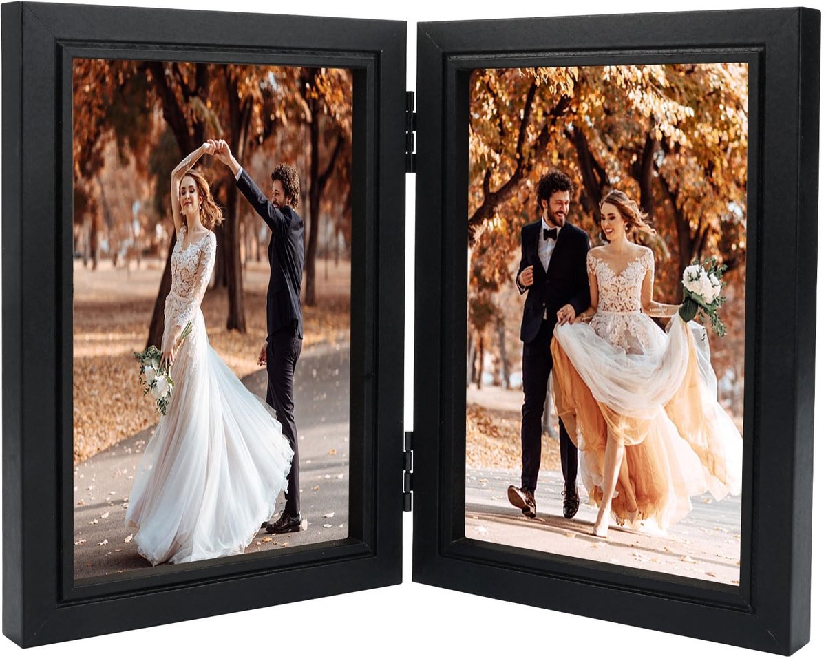 Dailygoods - Dailygoody - Opvouwbare fotolijst - Dubbele fotolijst voor 2 foto's - Hout met glasplaat - 10 x 15 cm - Perfect voor bruiloften en familieherinneringen