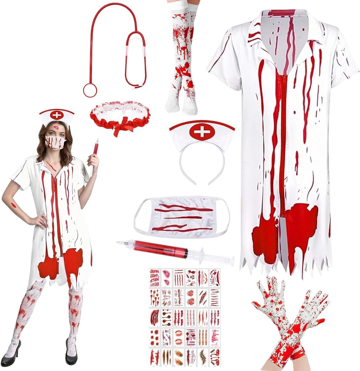 Halloween Verpleegster Kostuum met Bloedige Accessoires voor Zombie Bruid en Carnaval Cosplay Feest