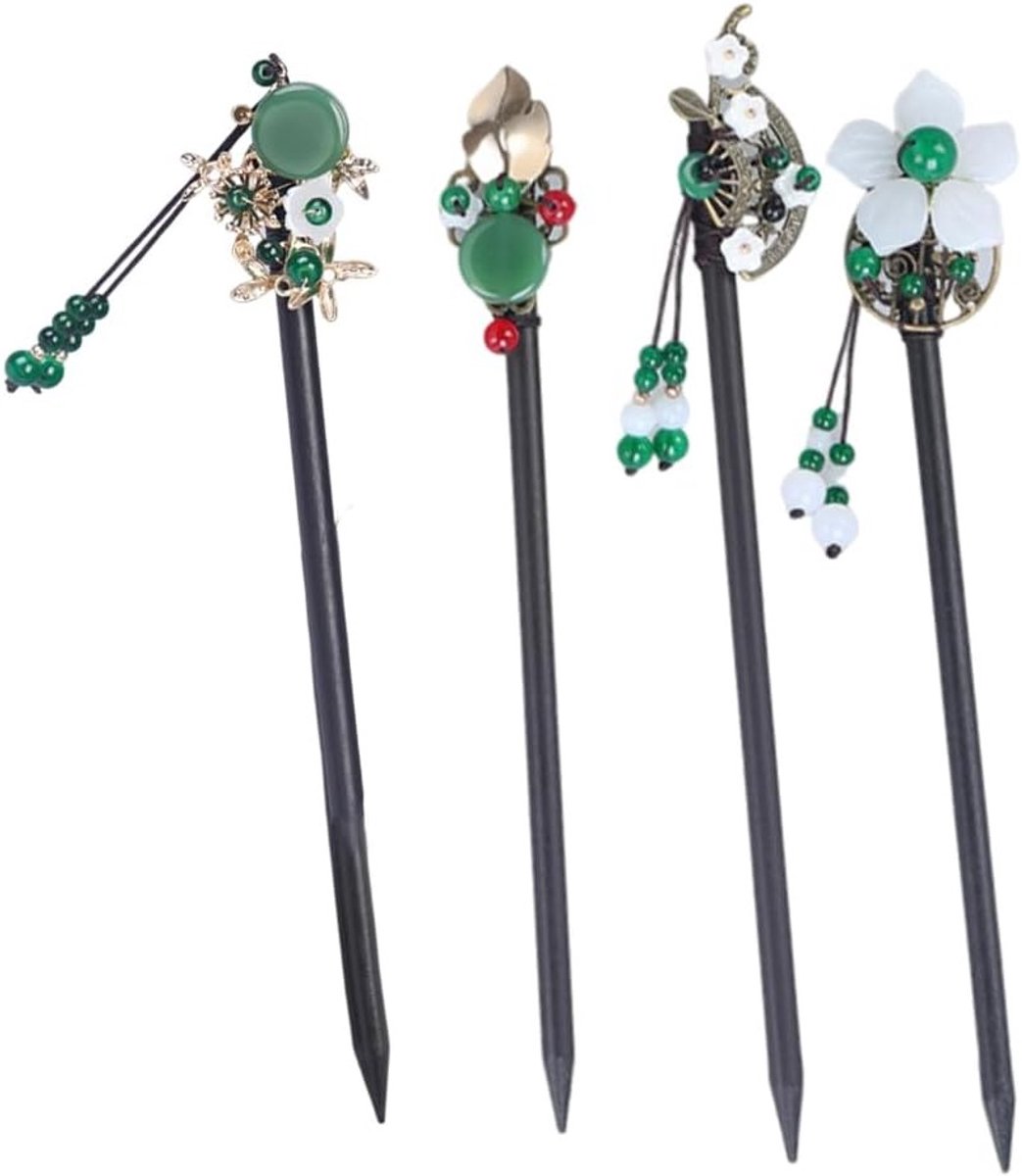 Handgemaakte Retro Haarclips voor Dames - 4 Stuks Houten Haarstokjes met Bloemen en Kwastjes voor Geisha Kostuum en Lang Haar