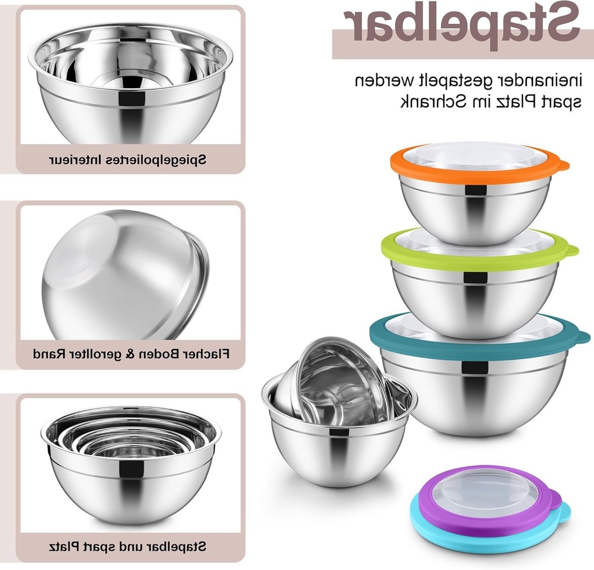 5-delige roestvrijstalen mengkom set met transparante deksel, ideaal voor salades, bakken en serveren, stapelbaar en vaatwasmachinebestendig, 4.5L/2.7L/1.5L/1.2L/0.7L