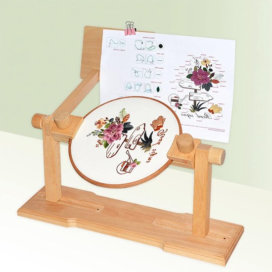 Borduurring Standaard - Borduurframe Houder - Handsfree Borduren - 360 Graden Draaibaar - 44 x 12 x 22 cm - Houtkleur