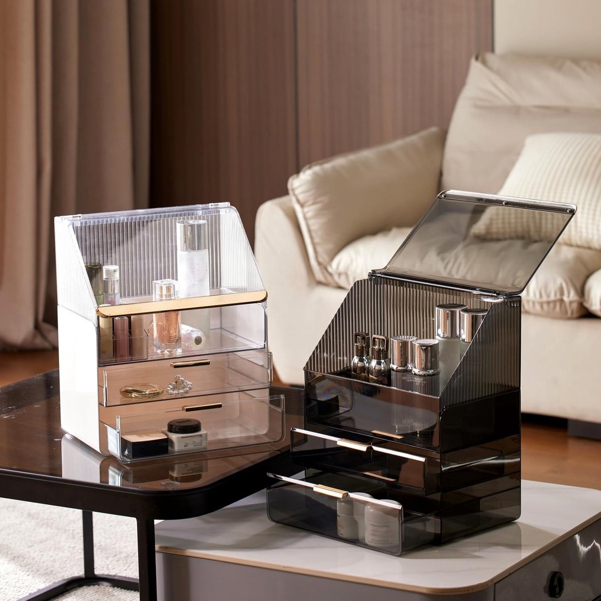 Make-up Organizer met Deksel voor Bureau, 3-laags Doorzichtig Systeem voor Cosmetica, Ideaal voor Slaapkamer en Badkamer, Perfecte Oplossing voor Schoonheidsproducten