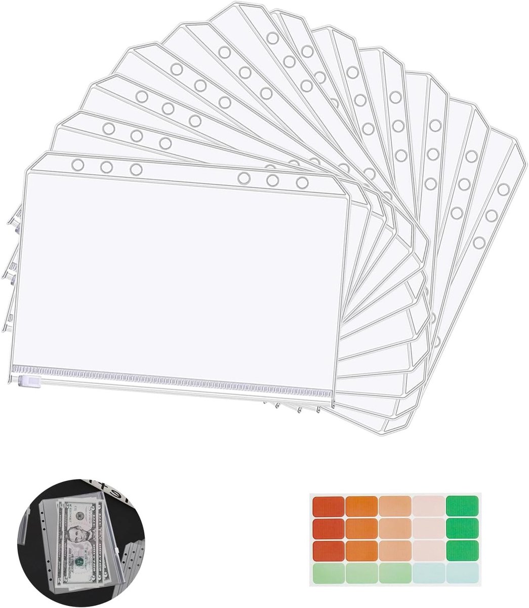 12 Stuks Transparante PVC Mappen met 6 Gaten en Zelfklevende Labels voor A6 Notitieboeken, Documenten en Kaarten