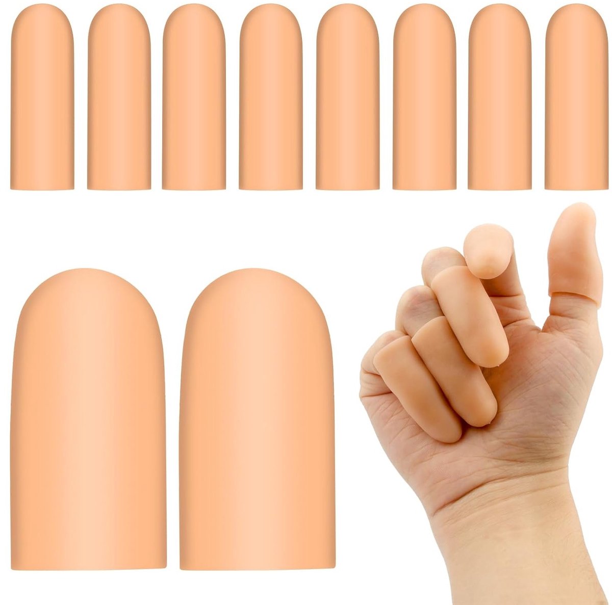 Set van 10 Nitril Vingerbeschermers, Gelvingers voor Bescherming van de Vingertoppen, Hittebestendige Silicone Vingerringen in Diverse Maten (Huidkleur)