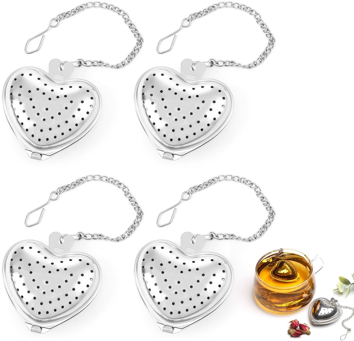 Dailygoods - Dailygoody - Hartvormige Theezeef - Roestvrijstalen Thee-Ei - Theelepel en Brouwlepel - Zilver - Theefilterlepel - Ideaal voor losse thee