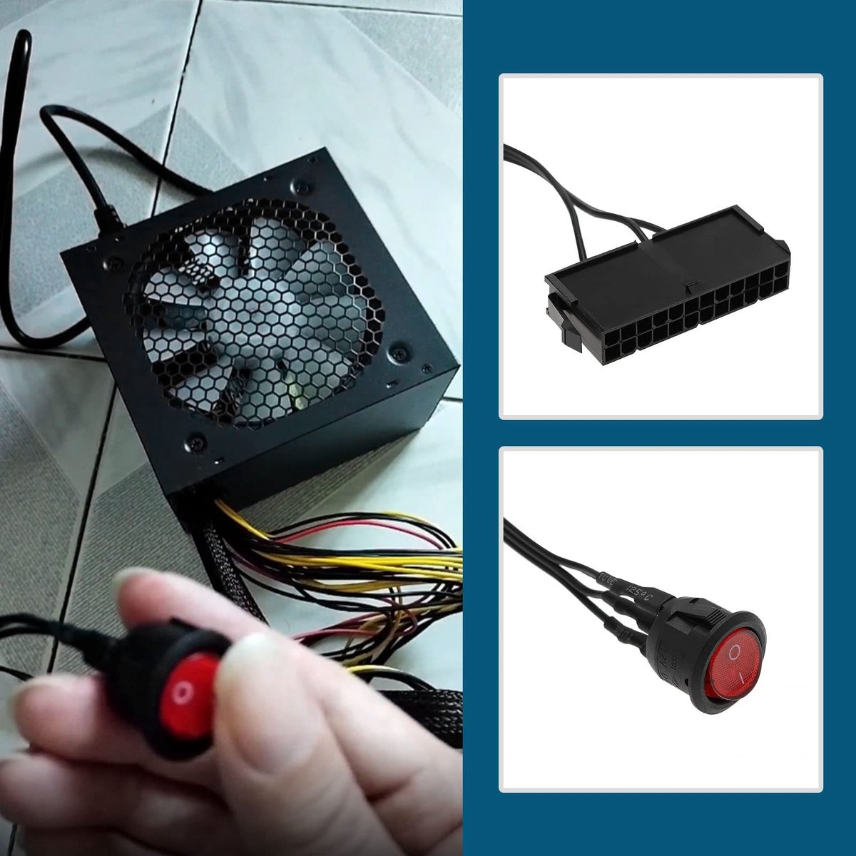 Dailygoods - Dailygoody - 20/24-pins Schakelaar - PC Voeding - 24 Pin Kabel - Rode LED Aan/Uit Schakelaar - Ideaal voor Testen - 52 cm