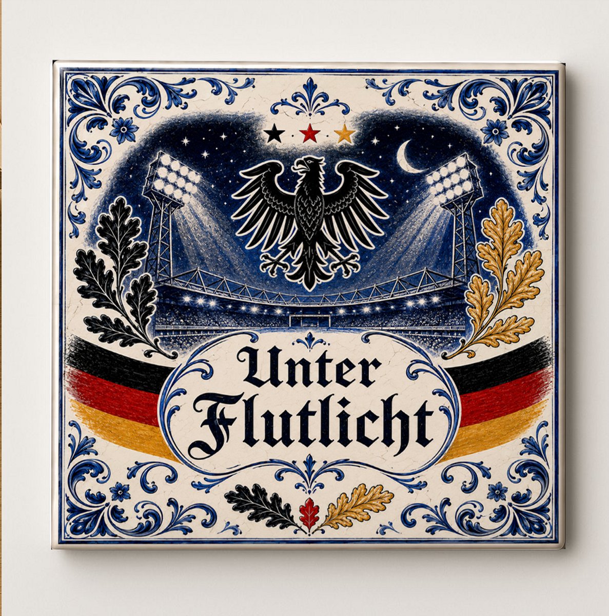 Duitsland Onder Schijnwerpers Decoratieve Keramische Tegel – Deutschland Voetbal Fan Wandtegel – Stadion Nacht Design – Zwart Rood Goud Supporter Cadeau