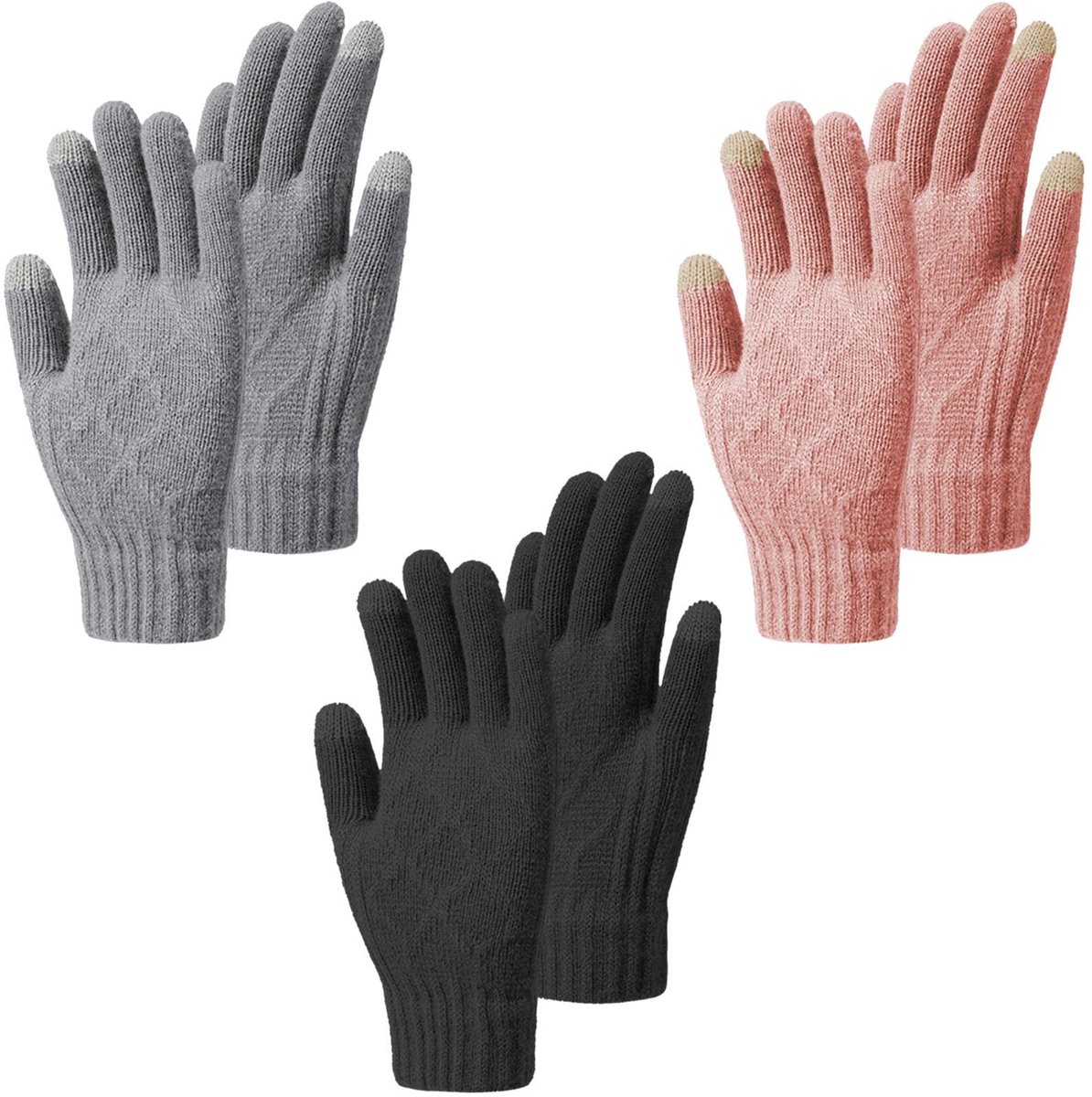 Dailygoody - Winter Touchscreen Handschoenen - Thermisch en Warm - Zwart, Roze, Grijs - Geschikt voor Smartphone - 3 Paar Handschoenen