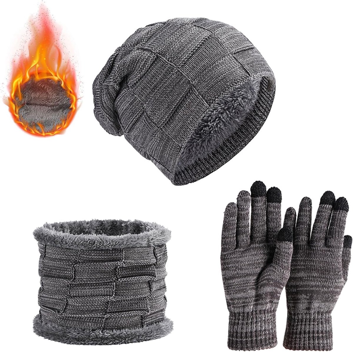 Winterset voor Mannen en Vrouwen - 3-in-1 Beanie Muts, Sjaal en Touchscreen Handschoenen - Warm, Elastisch en Geschikt voor Buitenactiviteiten