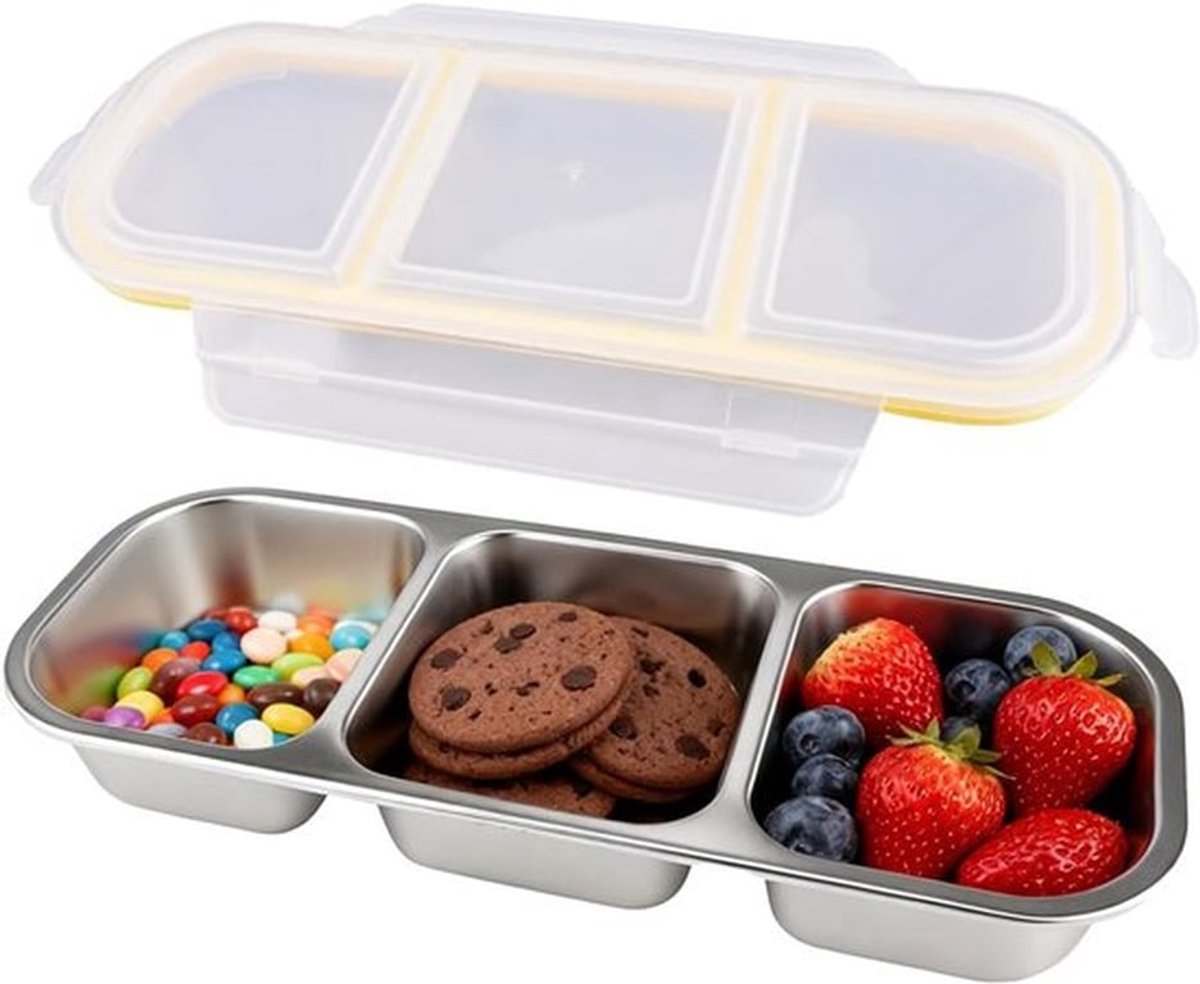 RVS Snackbox met vakken en lekdichte deksel, 600 ml, waterdichte snackschaal, vaatwasmachinebestendig - Voor kinderen - Maaltijdvoorbereiding