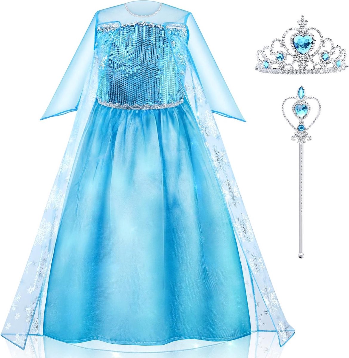 Luminous Prinsessen Kostuum voor Meisjes met Kroon en Toverstaf - Perfect voor Halloween, Carnaval en Verjaardagsfeestjes