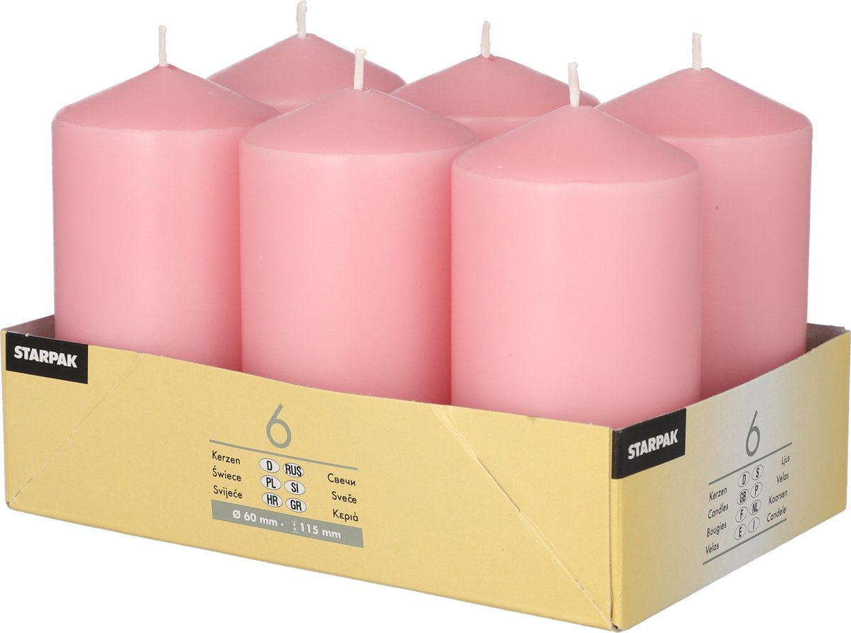 Conpax candles Stompkaarsen/zuilkaarsen set van 6x - lichtroze - D6 x H12 cm - 24 branduren