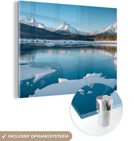 MuchoWow® Peinture sur verre 160x120 cm - Peinture sur verre acrylique - Paysage - Hiver - Lac - Montagnes - Vue - Glace - Photo sur verre - Décoration murale salon - Décoration murale chambre - Peintures