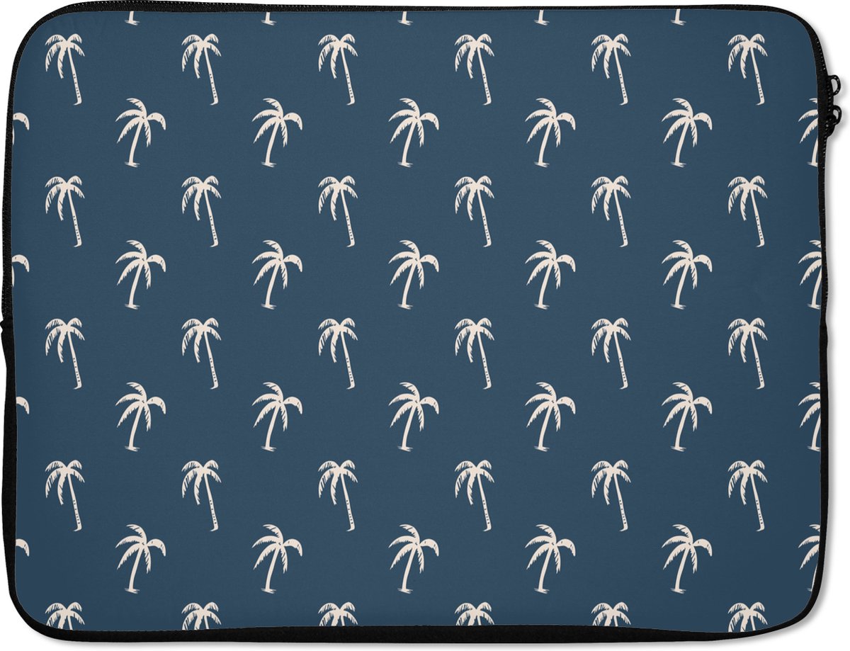 Laptophoes 17 inch - Palmboom patroon - Blauw - Beige - Zomer - Laptop sleeve - Binnenmaat 41x28 cm - Zwarte achterkant