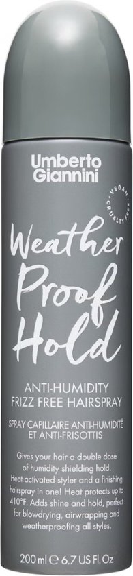 Umberto Giannini Weather Proof Hold anti-humidity, pluisvrije haarspray. Grijze spuitbus met witte tekst.
