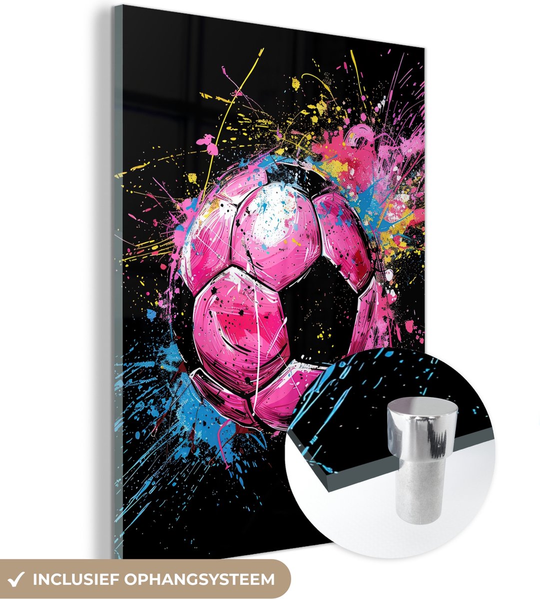 MuchoWow® Glasschilderij 90x120 cm - Schilderij acrylglas - Graffiti - Sport - Voetbal - Bal - Roze - Foto op glas - Muurdecoratie woonkamer - Wanddecoratie slaapkamer - Schilderijen