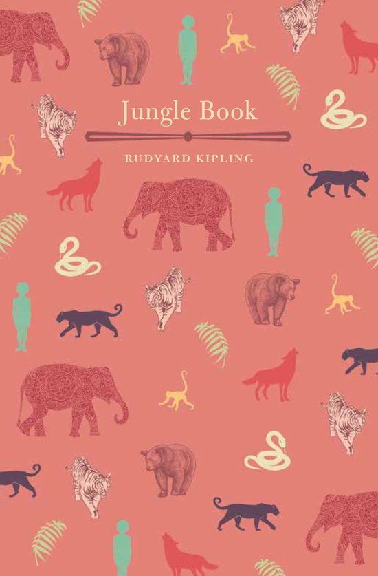 Jungle Book, Rudyard Kipling, avec des motifs d'éléphants, tigres, ours, panthères et personnages humains sur fond rose.