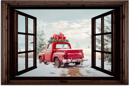Poster 120x80 cm - Doorkijk - Auto - Rood - Cadeaus - Winterlandschap - Kerst - Posters - Kamer decoratie - Wanddecoratie woonkamer - Muurdecoratie slaapkamer - Kerstversiering - Kerstdecoratie voor binnen - Kerstmis