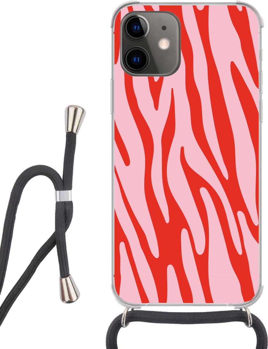 Telefoonhoesje Geschikt voor iPhone 11 - Zebraprint - Roze - Rood - Dierenprint - Siliconen - Crossbody - Backcover met Koord - Telefoonhoesje met koord - Hoesje met touw Telefoonhoesje