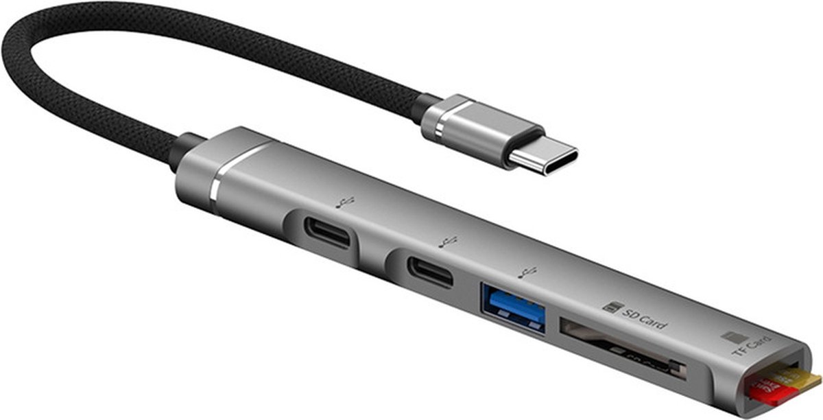 Image of 5-IN-1 USB-C naar 2X USB-C + USB 3.0 + SD + Micro SD (TF) - Kabel adapter hub lezer - geschikt voor Laptop en Macbook - grijs