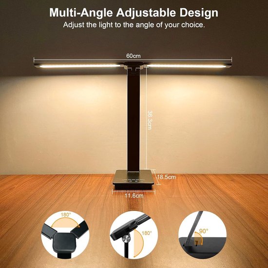 Mrs. Jones Bureaulamp dubbele kop led-bureaulamp 13W met adapter 5 helderheidsniveaus 5 kleurmodi oogbescherming opvouwbare tafellamp voor kantoorverlichting oogbescherming opvouwbare tafellamp voor kantoorverlichting - zwart . — afbeelding 3