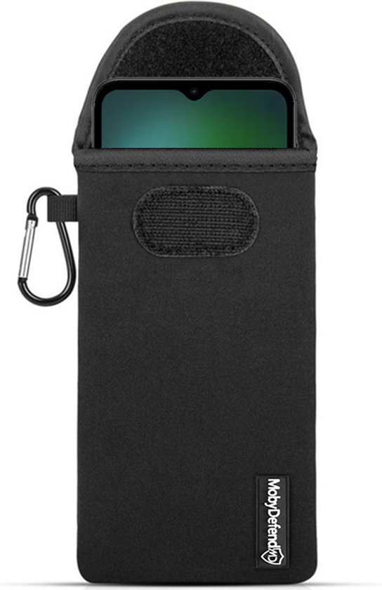 Coque pour Motorola Moto E13 - MobyDefend Pochette en néoprène avec mousqueton - Insert Case - Boucle de ceinture - Zwart - Coque pour téléphone portable - Coque pour téléphone