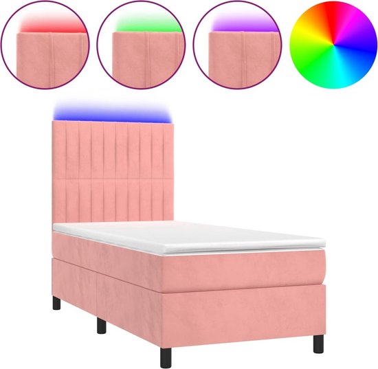 The Living Store Boxspring - Lit en velours rose avec éclairage LED- 203 x 90 x 118/128 cm - Matelas à ressorts ensachés - Surmatelas doux pour la peau - The Living Store