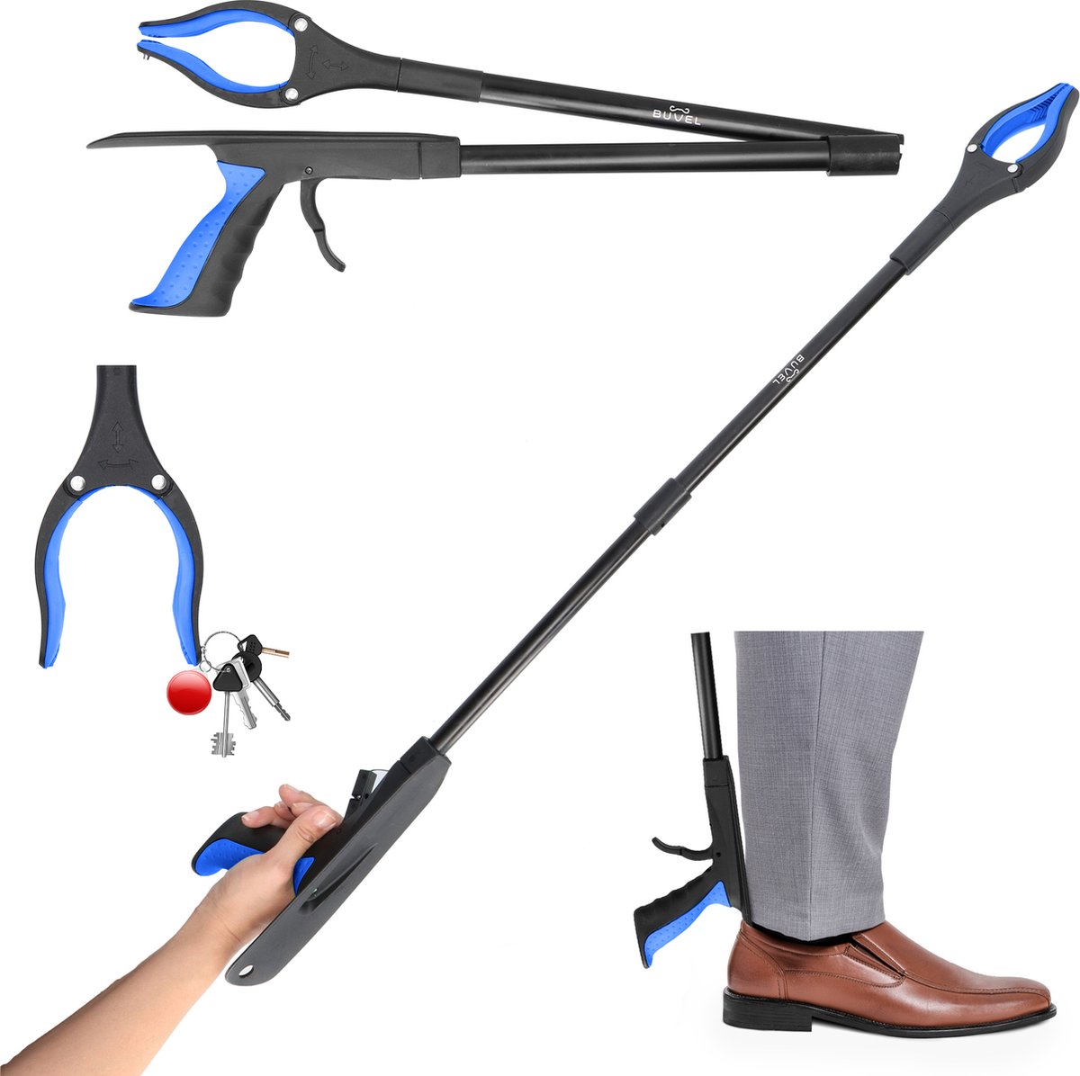 Goedkoopste Buvel Afvalgrijper met Schoenlepel - Grijper met Magneet - Hulpgrijper - Inklapbaar – Multifunctioneel - Draaibaar - 4 in 1 – 92 cm Blauw