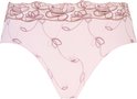 Roze hoge slip met geborduurde bloemen en kantrand.