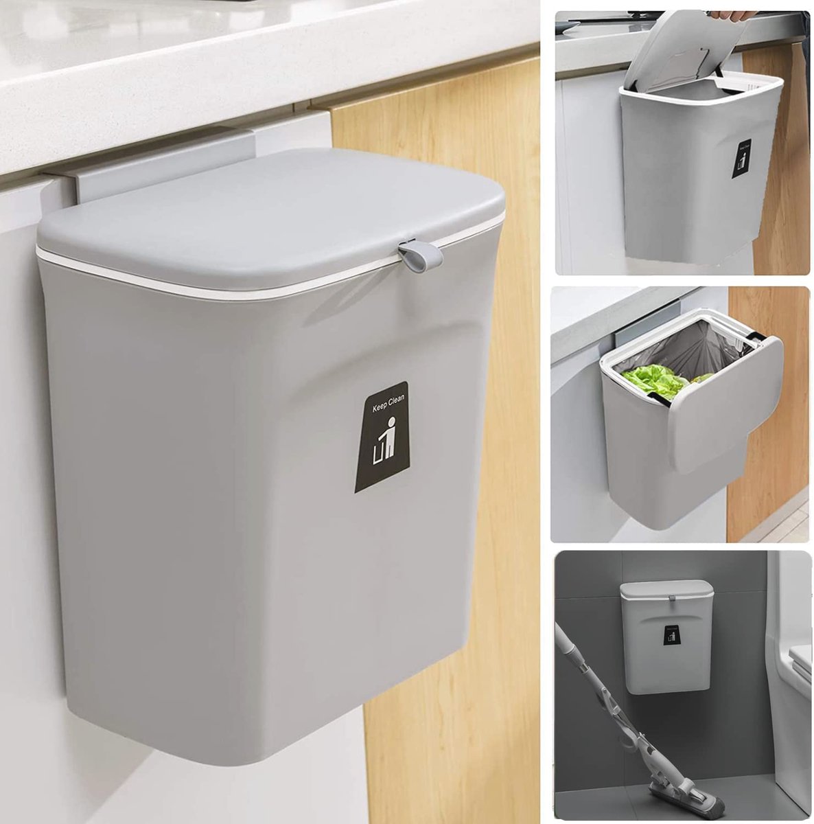Goedkoopste Hangende Vuilnisemmer voor Keuken - 9 L Met Deksel, Wandafvalemmer voor Keuken, Badkamer en Camping