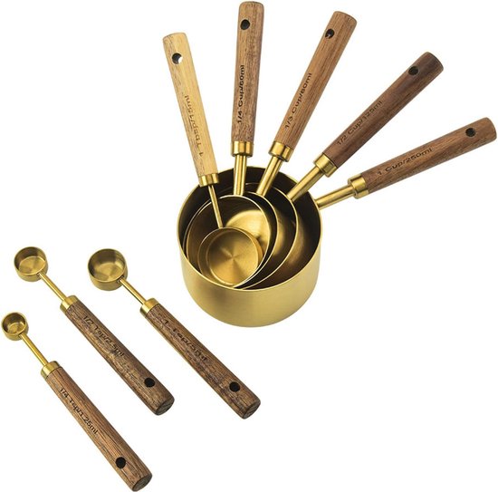 Set maatbekers en maatlepels, maatset met verdikt houten handvat, roségoud, roestvrij staal, koperverguld, 4 maatbekers 4 maatlepels
