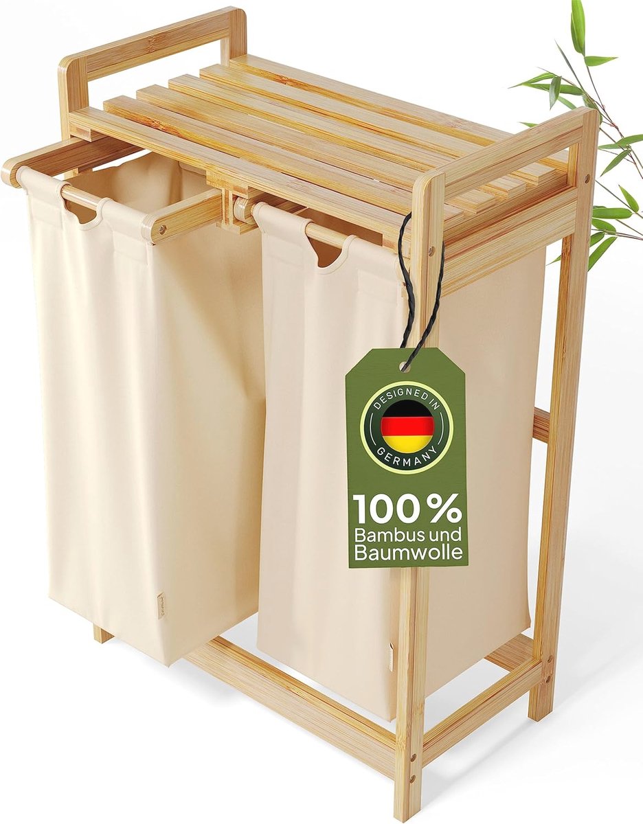 Goedkoopste Wasmand met 2 vakken en sorteersysteem - 60L, Crème-Beige, 100 Katoen en Bamboe