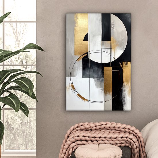 Canvas schilderij 60x90 cm - Wanddecoratie Abstract - Goud - Zilver - Vormen - Aesthetic - Muurdecoratie woonkamer - Slaapkamer decoratie - Kamer accessoires - Schilderijen op canvas