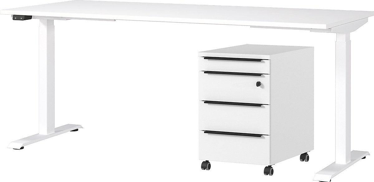 Bureau En Ladekast Met Slot Hermoso | 237x80x72-118cm | Elektrisch Verstelbaar | Wit - Germania - Bureautafels - Wit - Metaal; Spaanplaat
