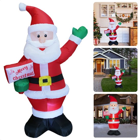 Opblaasbare kerstman met "Merry Christmas" bord, getoond in verschillende buitenlocaties.