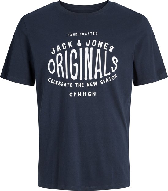 Donkerblauw Jack & Jones T-shirt met witte tekst 'HAND CRAFTED ORIGINALS'